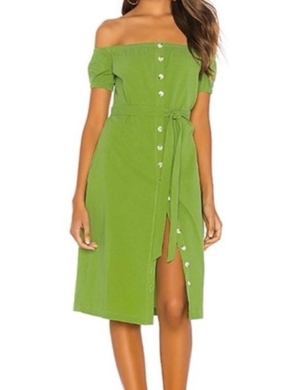L’Academie Callao Green Off-Shoulder Button Down Front Midi Dress Size Small S